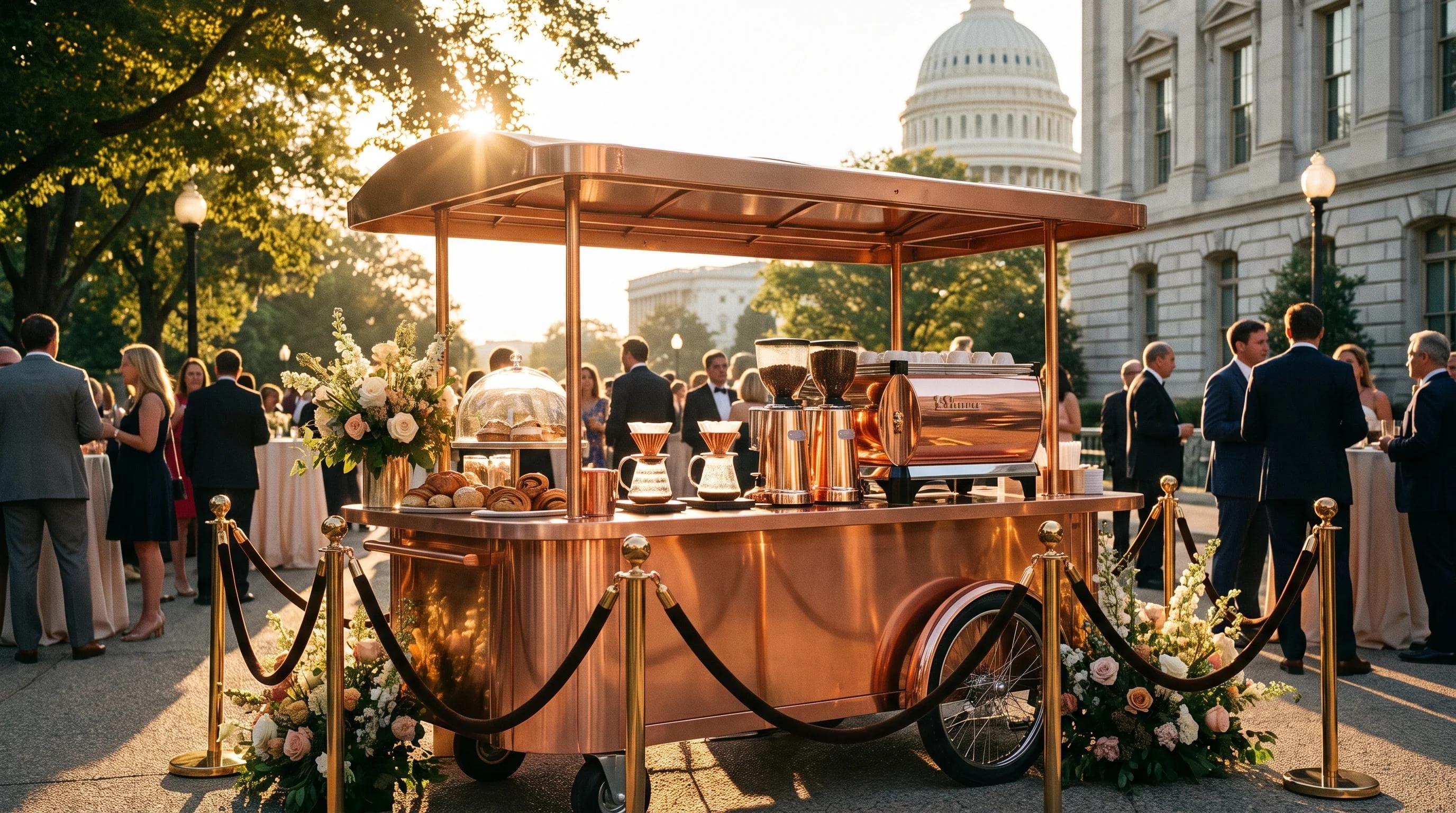 Beautifully lit luxury coffee cart photo opportunity at a Washington DC event, golden hour lighting, elegant copper styling