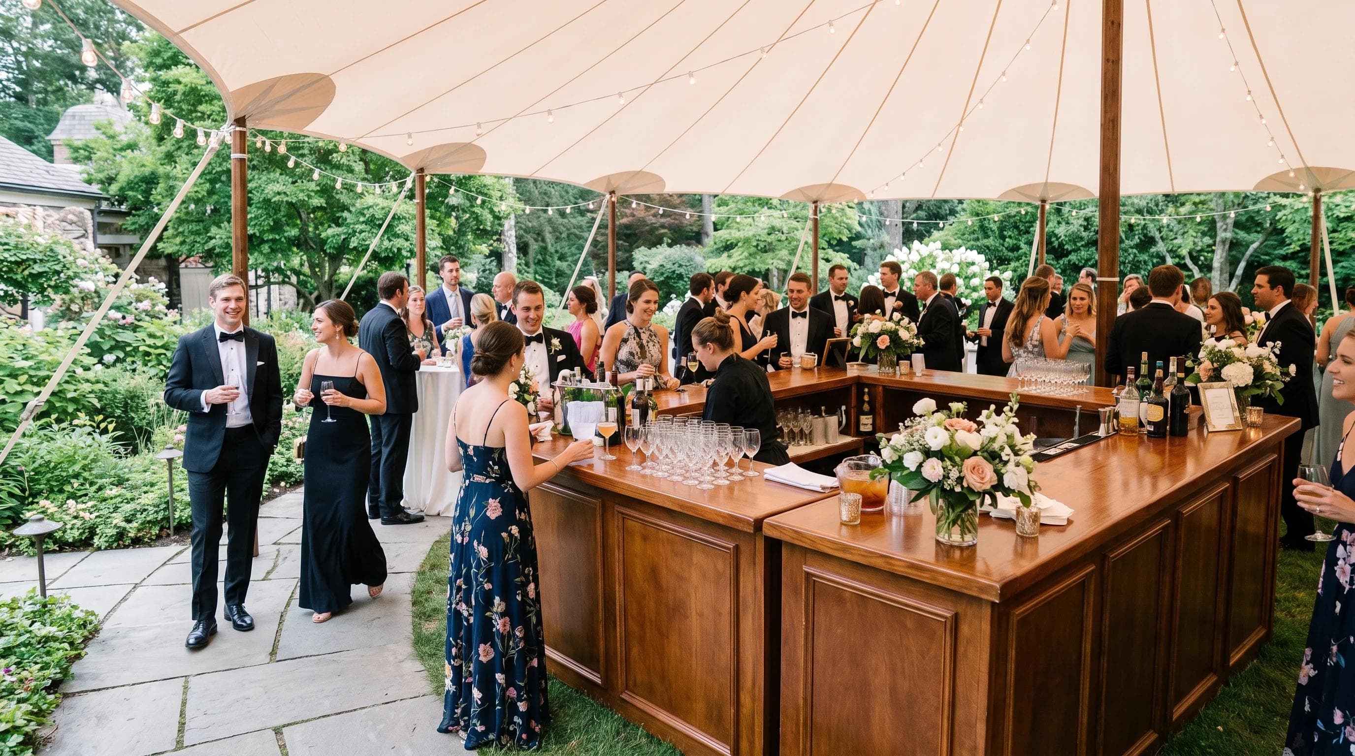 Well-organized cocktail hour beverage station at a wedding with guests circulating naturally, no bottleneck, elegant outdoor setting