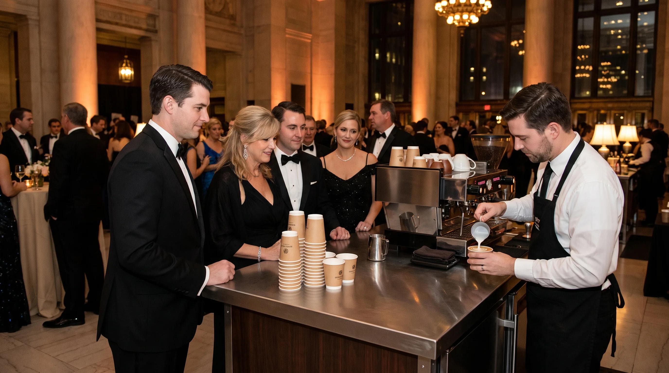 Branded corporate coffee activation at a Washington DC gala, guests gathered watching latte art being poured, elegant evening lighting