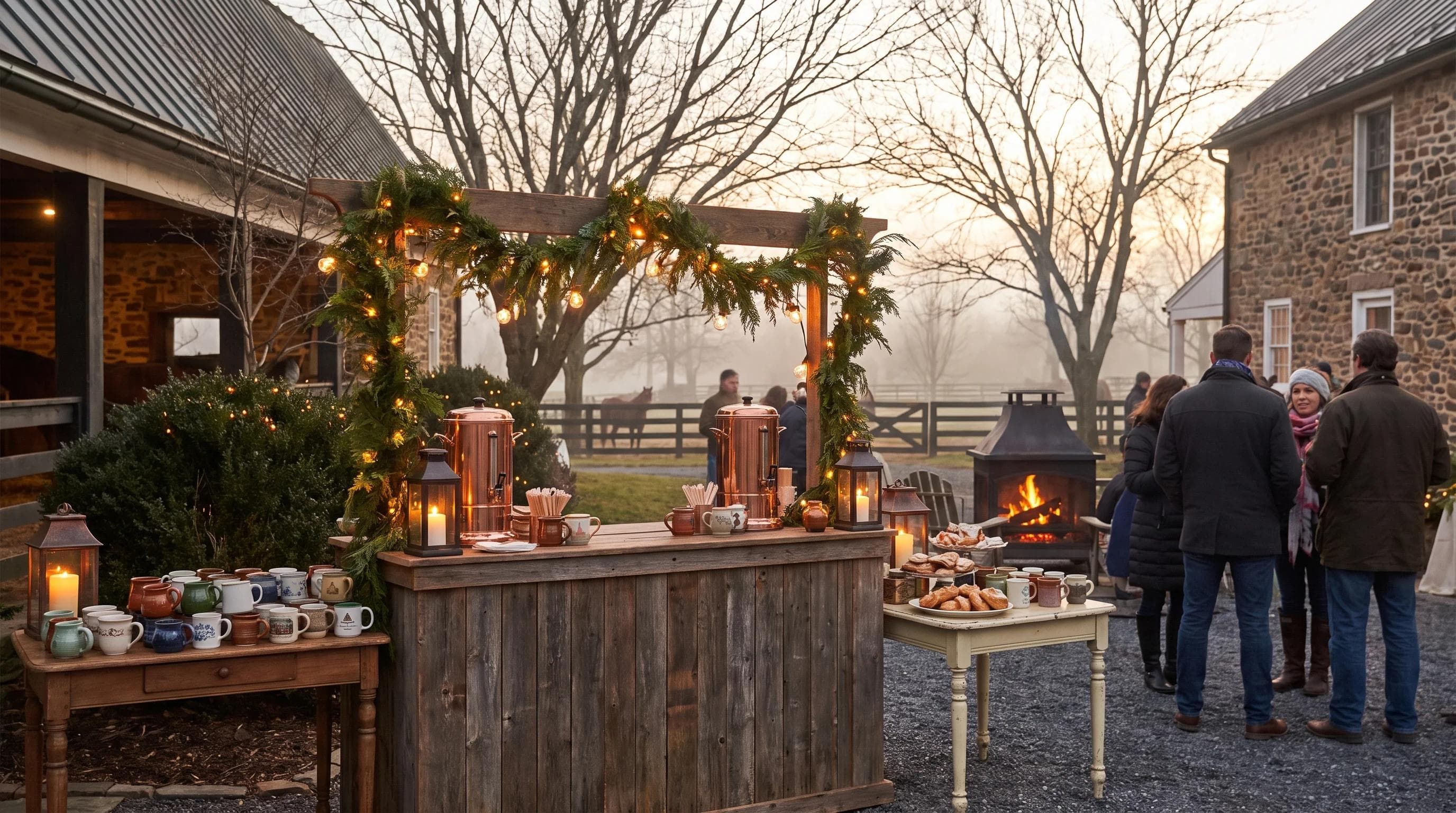 Cozy winter wedding coffee station at a Middleburg Virginia equestrian estate, warm lighting and bare winter trees in the background