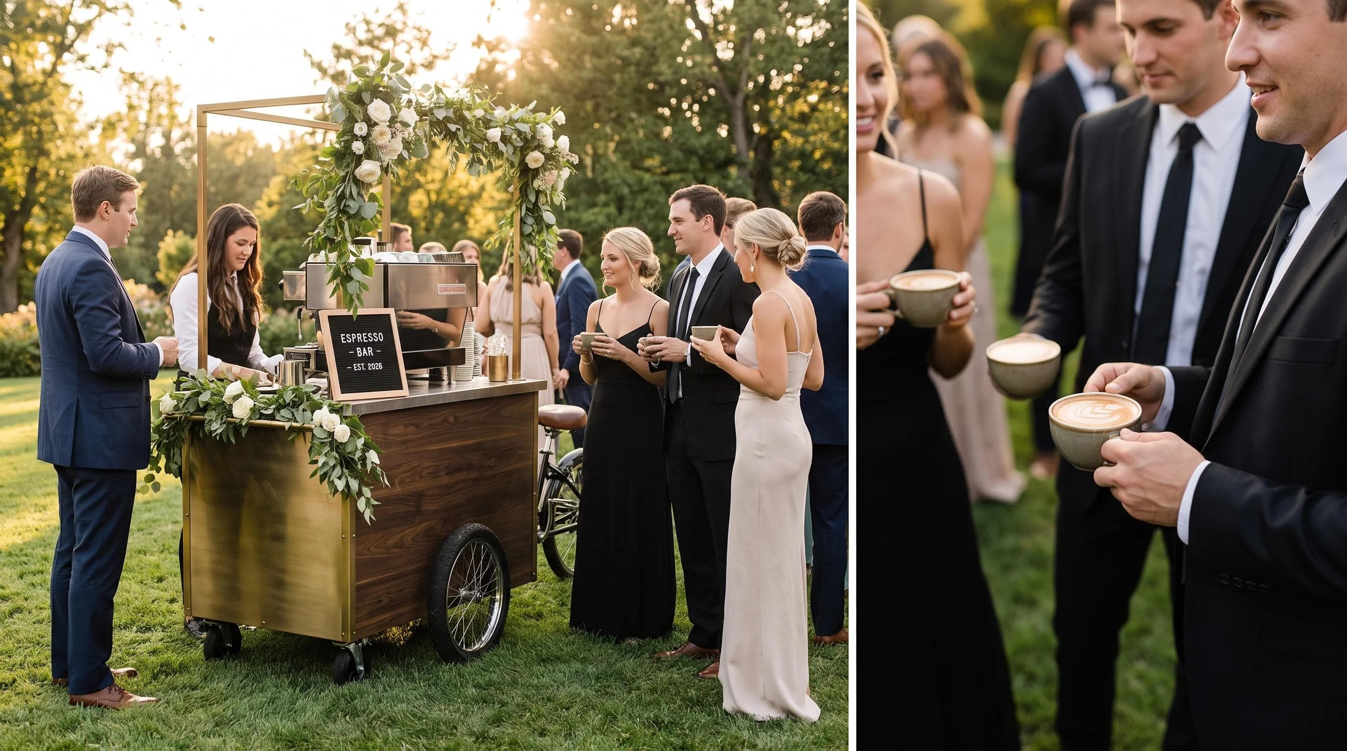 Elegant mobile coffee cart at a 2026 DMV wedding cocktail hour, guests gathered around with latte art in hand, golden hour lighting